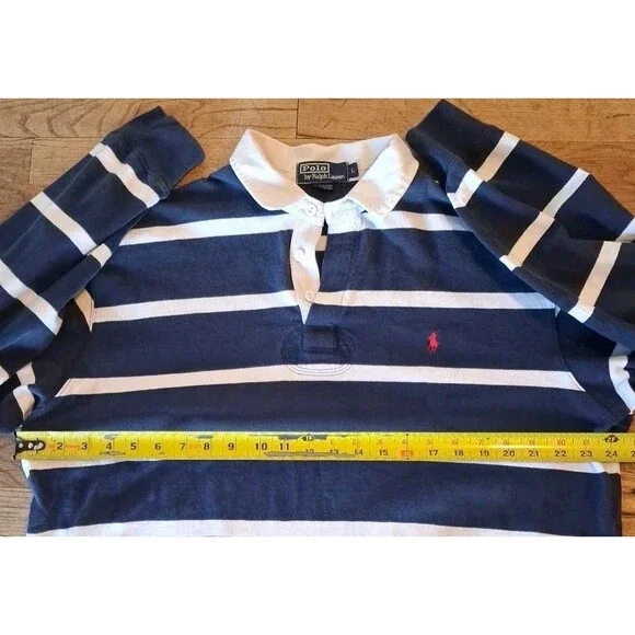 Vintage Polo Ralph Lauren Shirt Mens Large Rugby Long Sleeve Navy Striped - Picture 3 of 7